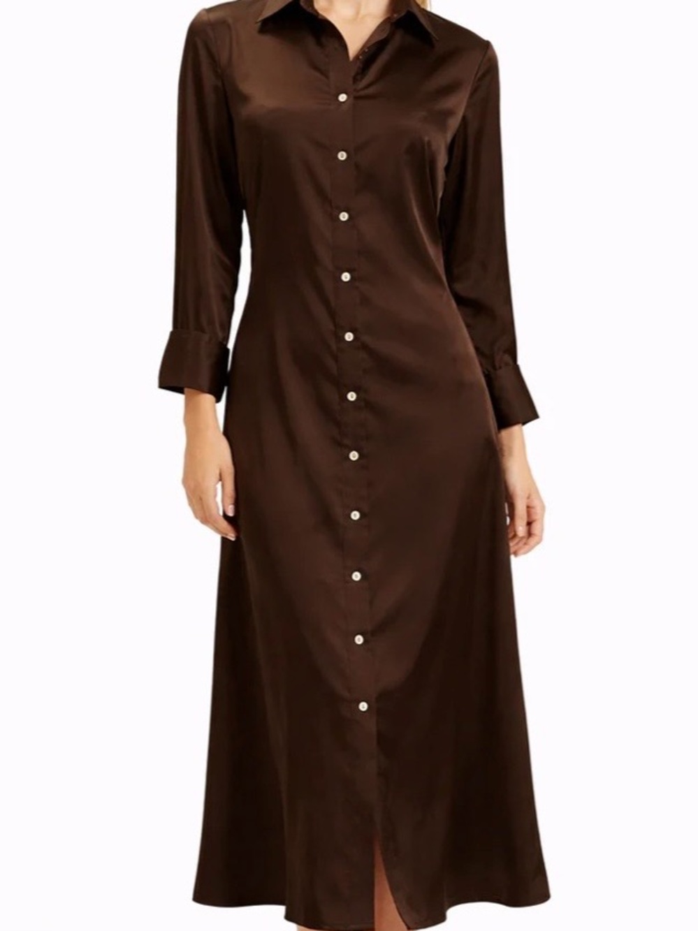 Long Sleeve Brown Satin Button-Front Maxi Dress